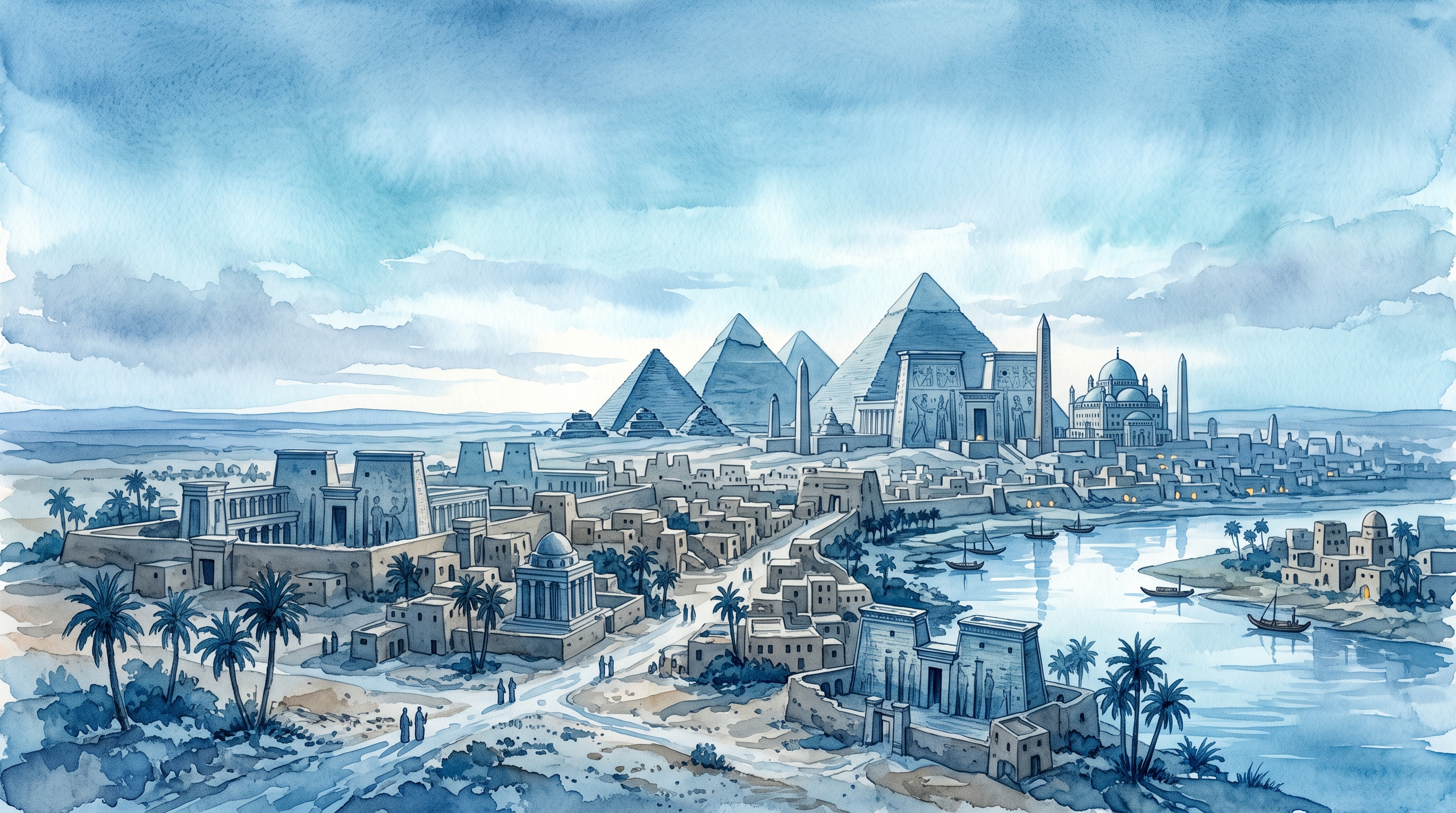 Watercolor illustration of ancient city with temples and pyramids, wide shot with open space at the top for text, cool blue tones, quiet atmosphere, 16:9 aspect ratio