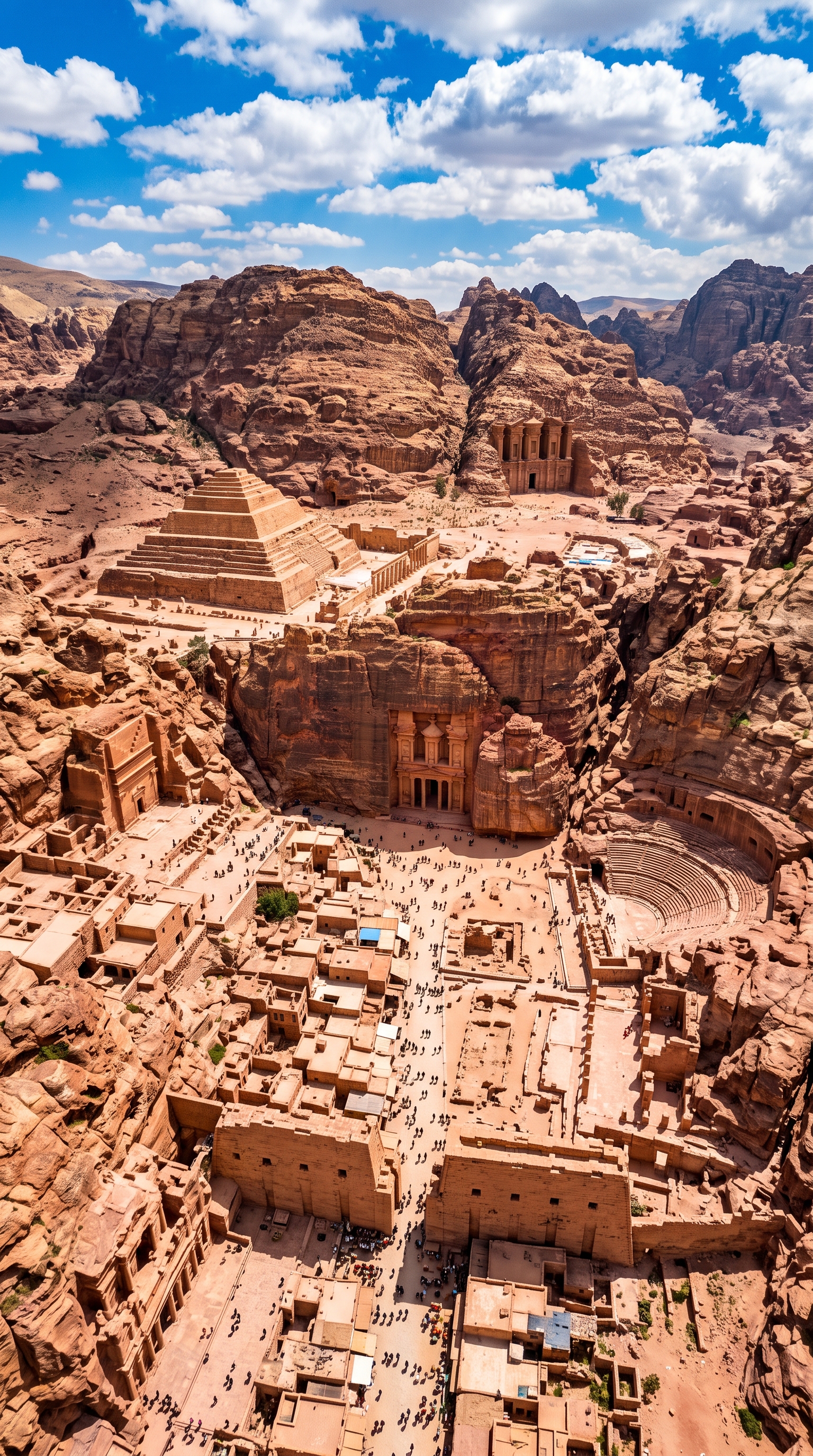 Photorealistic photo of ancient city with temples and pyramids, high-angle view from above, vivid colors, high contrast, energetic, 9:16 aspect ratio