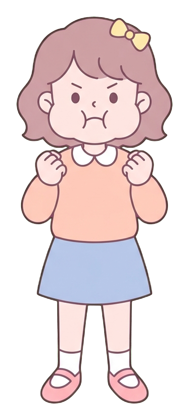 Simple cute flat cartoon illustration with soft pastel colors and thin clean dark outlines of a young woman, angry person with puffed cheeks and clenched fists, transparent background PNG