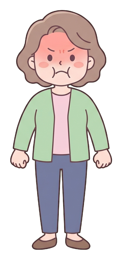 Simple cute flat cartoon illustration with soft pastel colors and thin clean dark outlines of a middle-aged woman, angry person with puffed cheeks and clenched fists, transparent background PNG