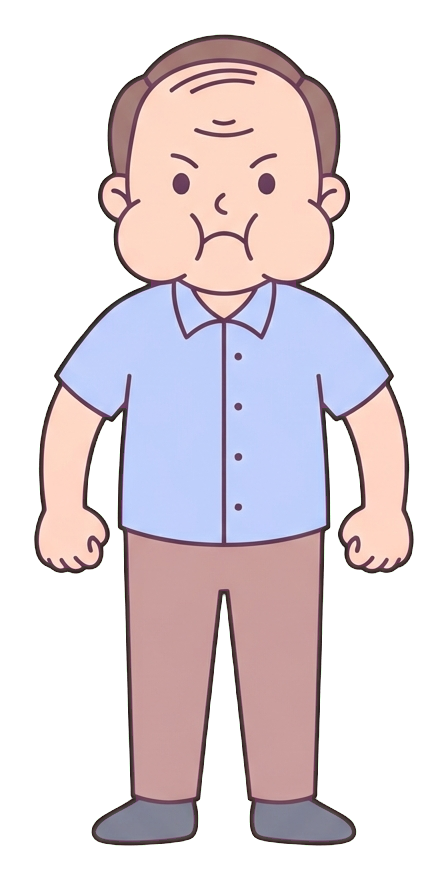 Simple cute flat cartoon illustration with soft pastel colors and thin clean dark outlines of a middle-aged man, angry person with puffed cheeks and clenched fists, transparent background PNG