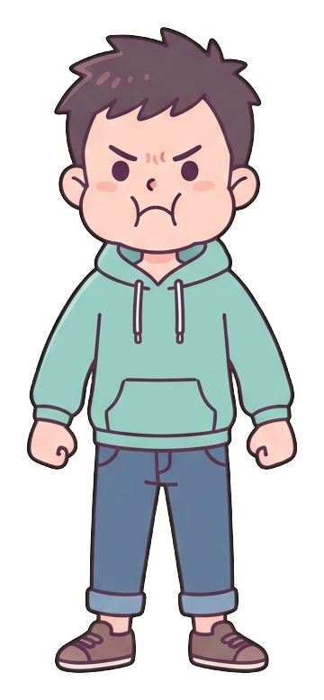 Simple cute flat cartoon illustration with soft pastel colors and thin clean dark outlines of a young man, angry person with puffed cheeks and clenched fists, transparent background PNG