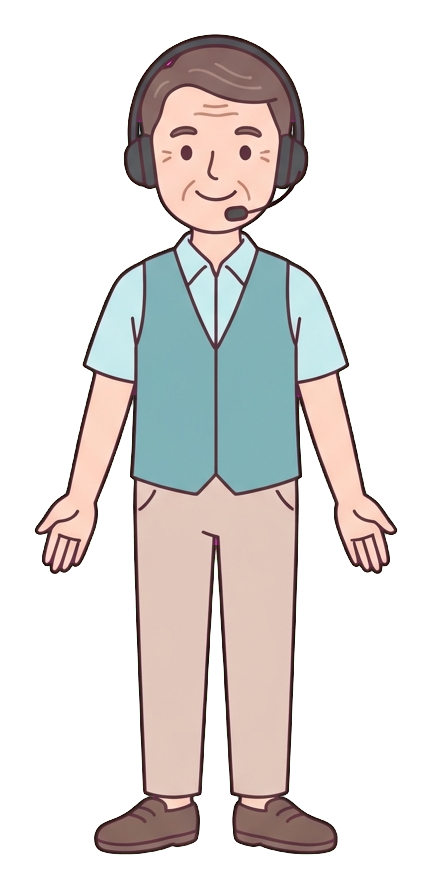 Ilustración de dibujos animados plana, simple y linda, con colores pastel suaves y contornos oscuros, limpios y finos de un hombre de mediana edad, un trabajador de atención al cliente que usa auriculares y sonríe, PNG con fondo transparente