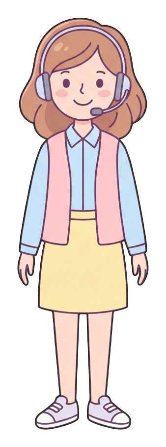 Simple cute flat cartoon illustration with soft pastel colors and thin clean dark outlines of a young woman, customer service worker wearing a headset and smiling, transparent background PNG