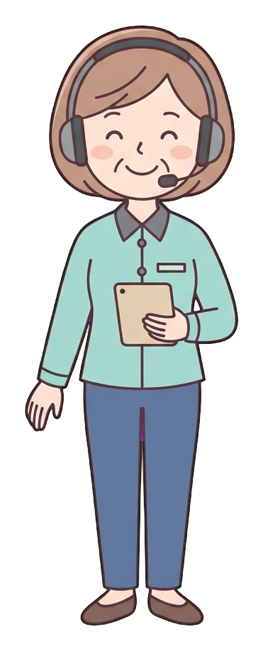 Simple cute flat cartoon illustration with soft pastel colors and thin clean dark outlines of a middle-aged woman, customer service worker wearing a headset and smiling, transparent background PNG