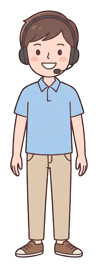 Simple cute flat cartoon illustration with soft pastel colors and thin clean dark outlines of a young man, customer service worker wearing a headset and smiling, transparent background PNG