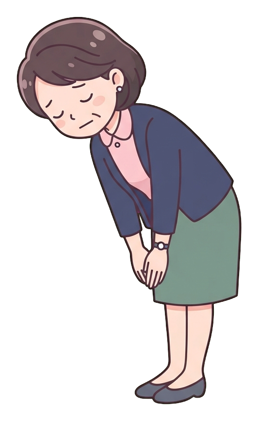 Simple cute flat cartoon illustration with soft pastel colors and thin clean dark outlines of a middle-aged woman, office worker bowing deeply to apologize, transparent background PNG