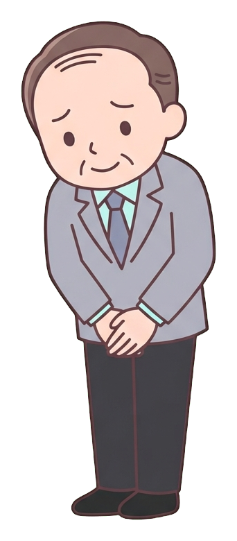 Simple cute flat cartoon illustration with soft pastel colors and thin clean dark outlines of a middle-aged man, office worker bowing deeply to apologize, transparent background PNG