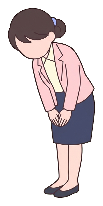 Simple cute flat cartoon illustration with soft pastel colors and thin clean dark outlines of a young woman, office worker bowing deeply to apologize, transparent background PNG