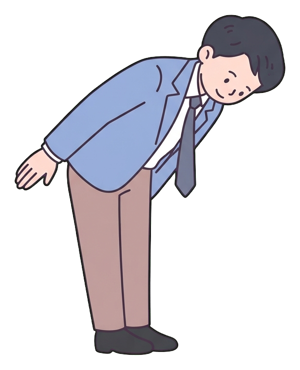 Simple cute flat cartoon illustration with soft pastel colors and thin clean dark outlines of a young man, office worker bowing deeply to apologize, transparent background PNG