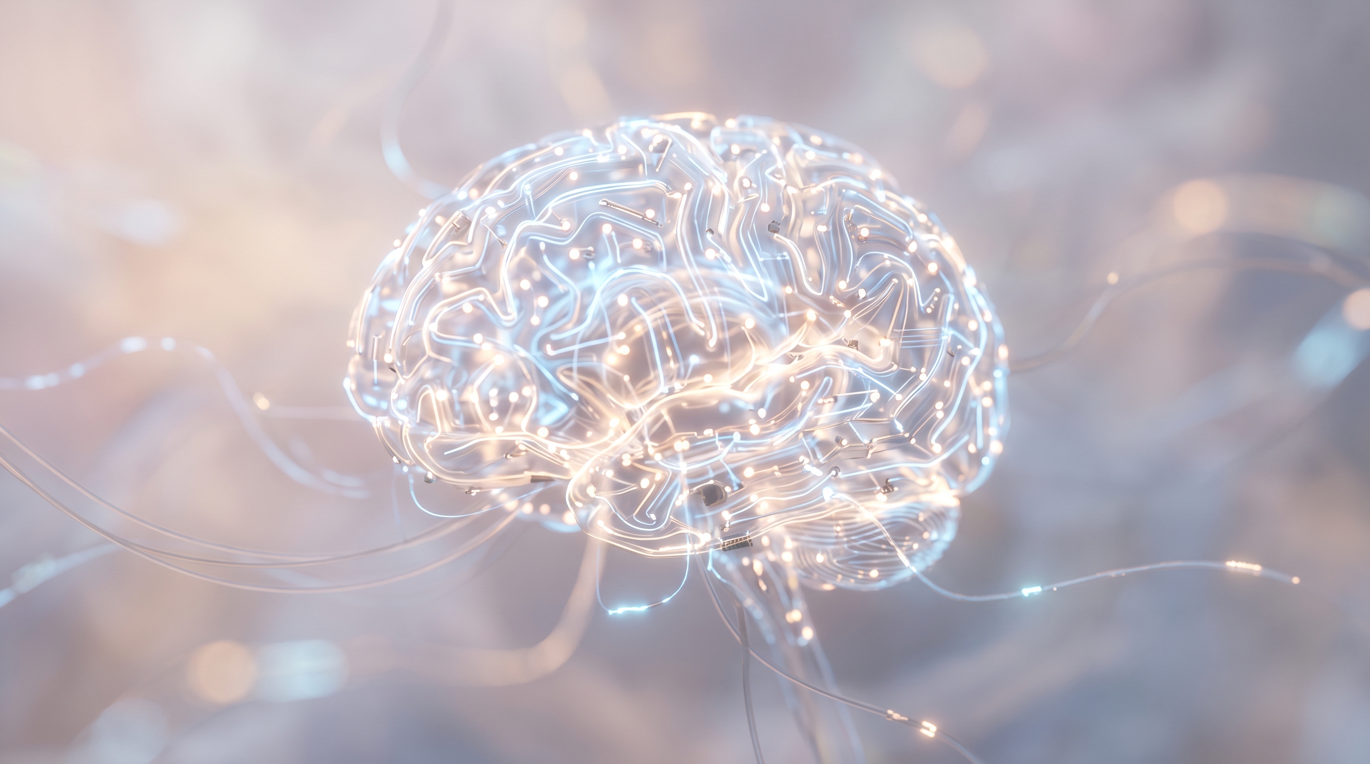 Soft 3d render of glowing AI brain made of circuits, close-up detail with shallow depth of field, misty morning haze, dreamy, 16:9 aspect ratio