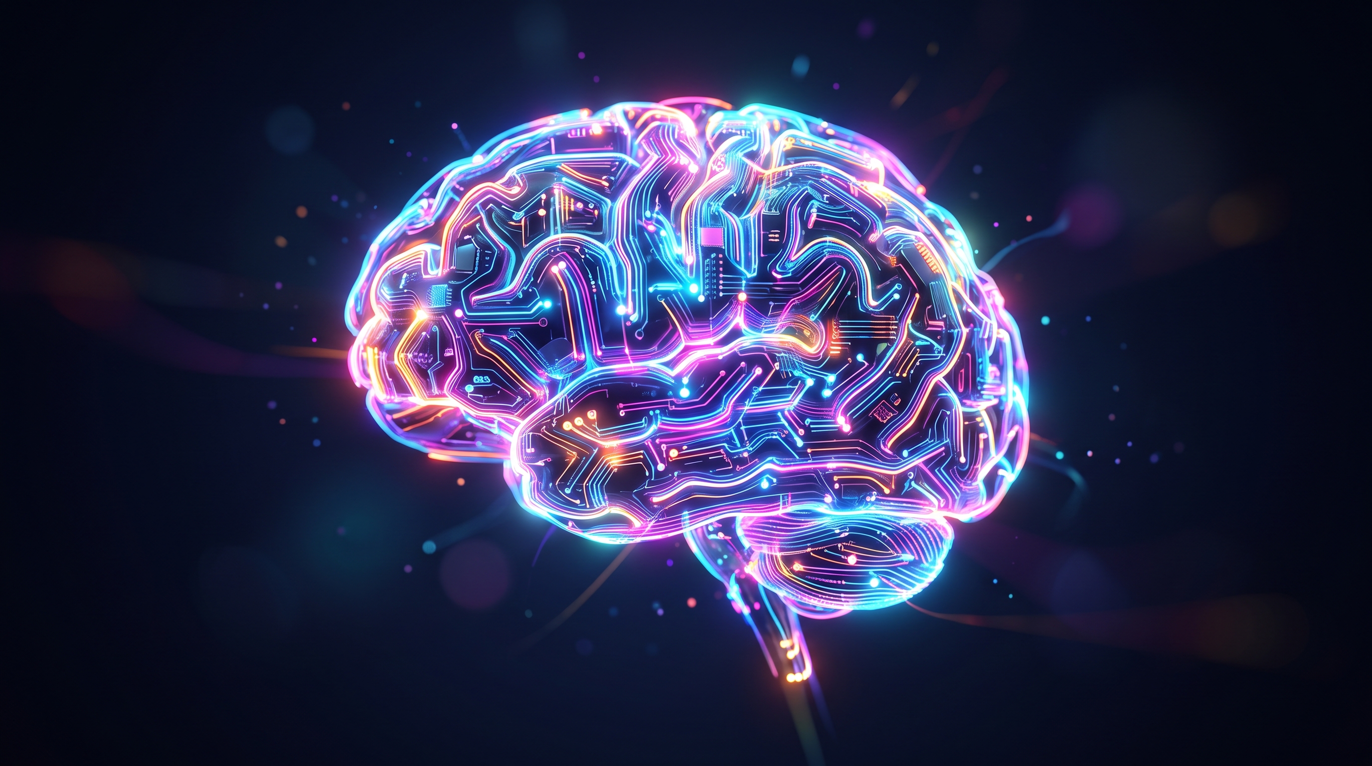 Soft 3d render of glowing AI brain made of circuits, centered subject with a simple uncluttered composition, vivid colors, high contrast, energetic, 16:9 aspect ratio