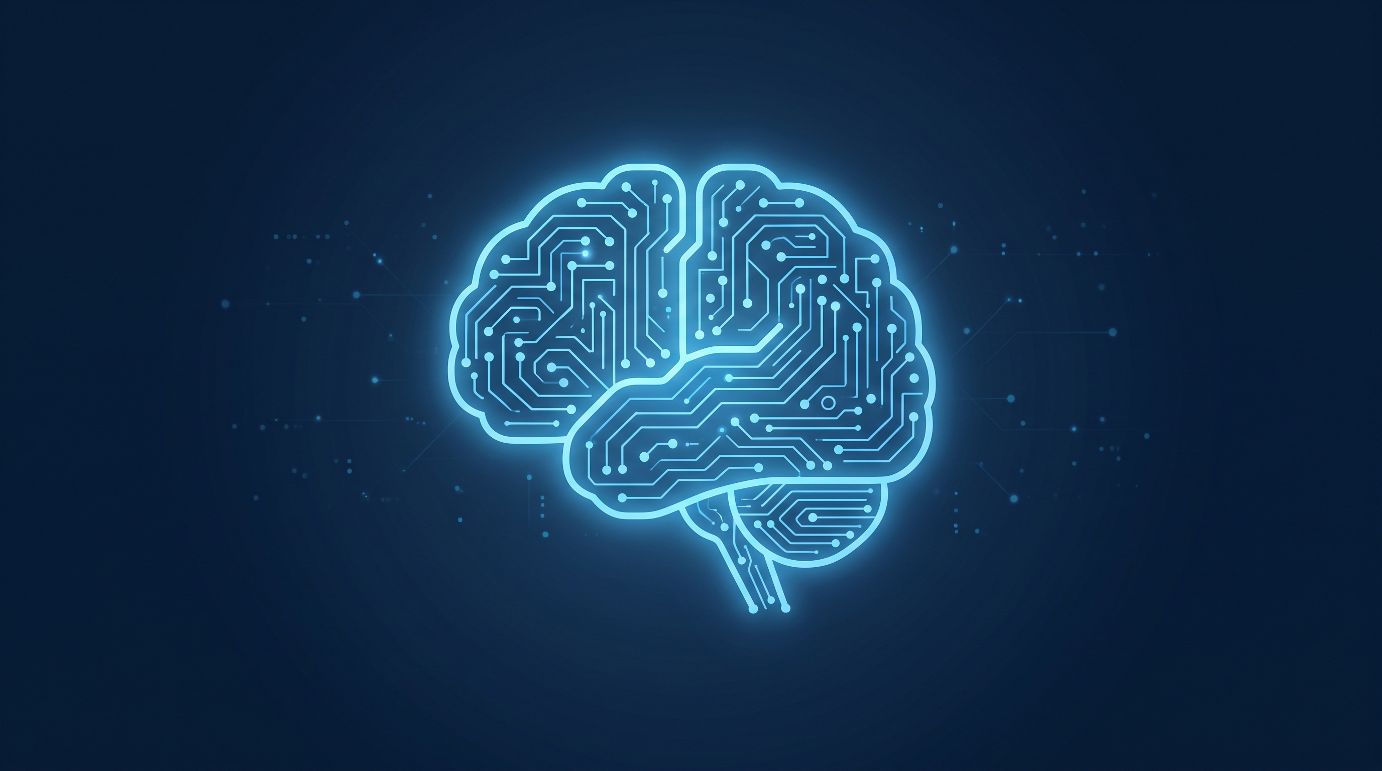 회로로 이루어진 빛나는 AI 두뇌, 미니멀 플랫 일러스트, 단순하고 깔끔한 구도 가운데 놓인 피사체, 차가운 푸른 톤, 고요한 분위기, 16:9 비율