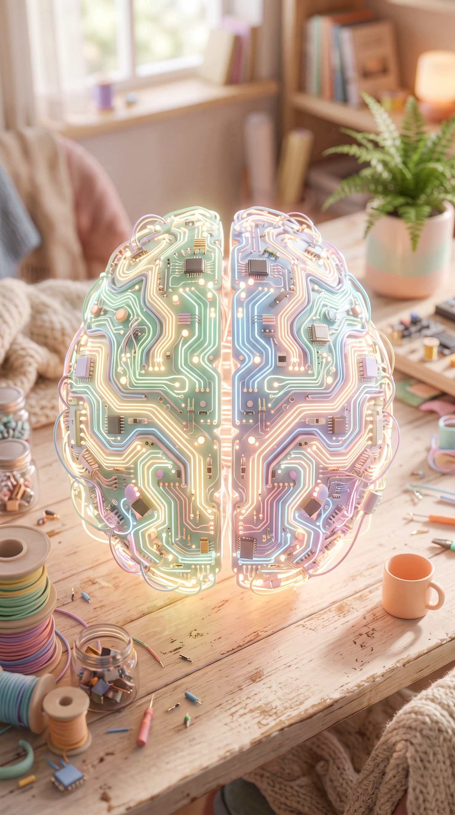 Soft 3d render of glowing AI brain made of circuits, high-angle view from above, soft pastel colors, bright and cozy, 9:16 aspect ratio