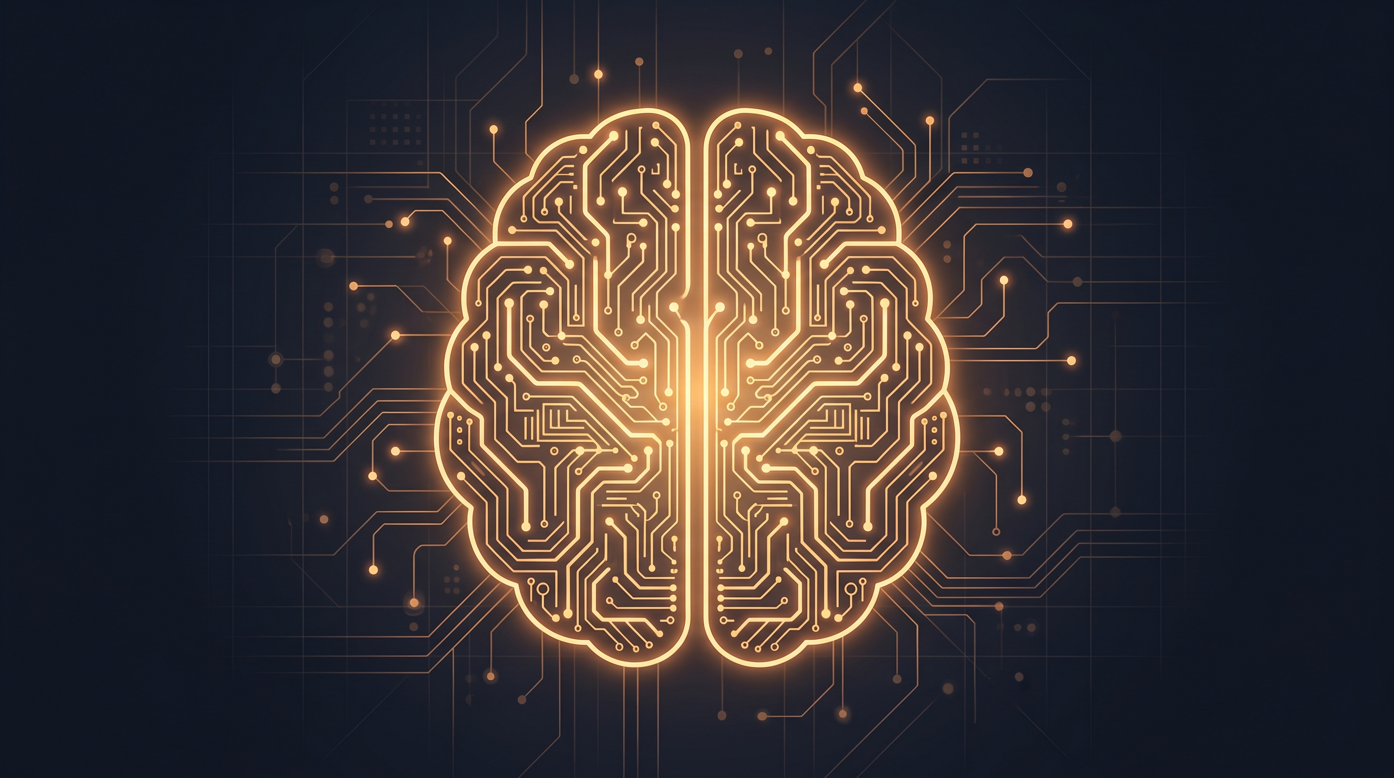Minimal flat illustration of glowing AI brain made of circuits, high-angle view from above, warm golden light, calm mood, 16:9 aspect ratio