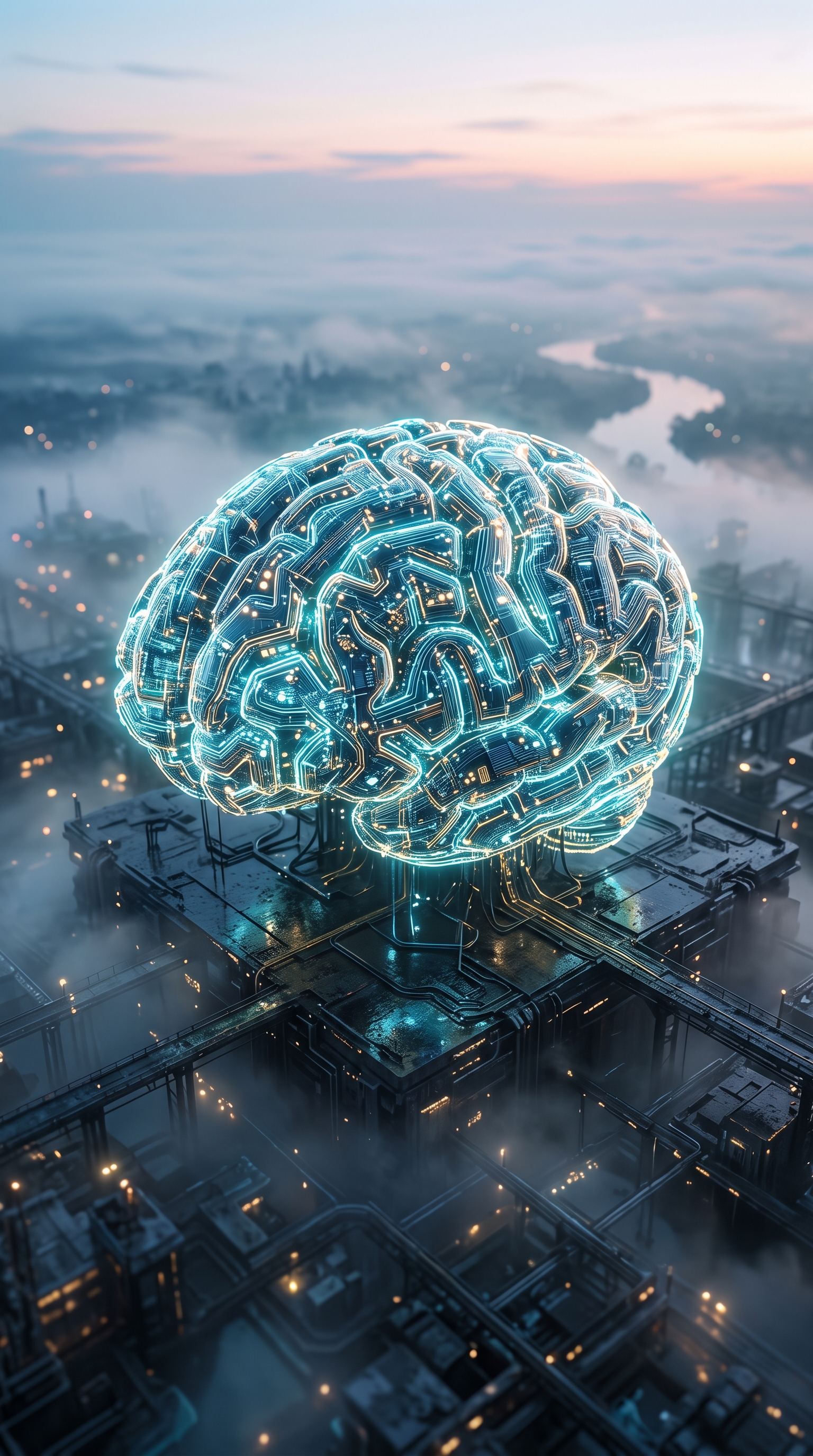 Photorealistic photo of glowing AI brain made of circuits, high-angle view from above, misty morning haze, dreamy, 9:16 aspect ratio