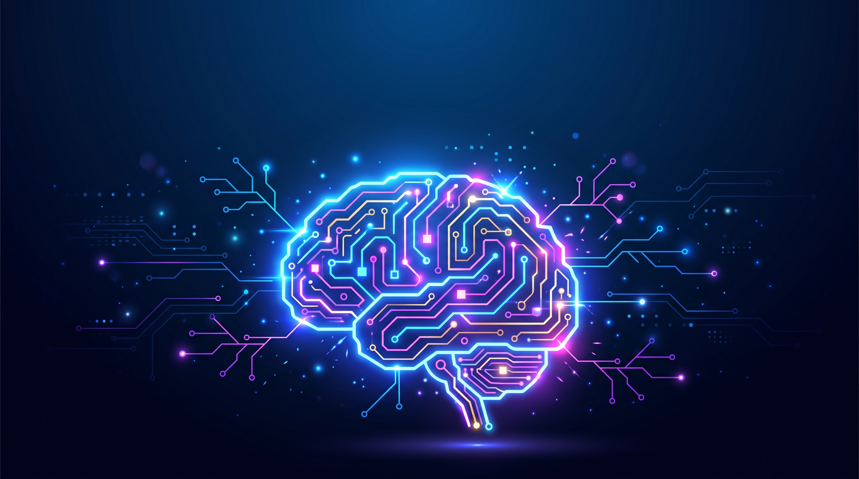 회로로 이루어진 빛나는 AI 두뇌, 미니멀 플랫 일러스트, 위쪽에 글자 넣을 여백이 있는 넓은 구도, 선명한 색감, 강한 대비, 생동감 있는 분위기, 16:9 비율