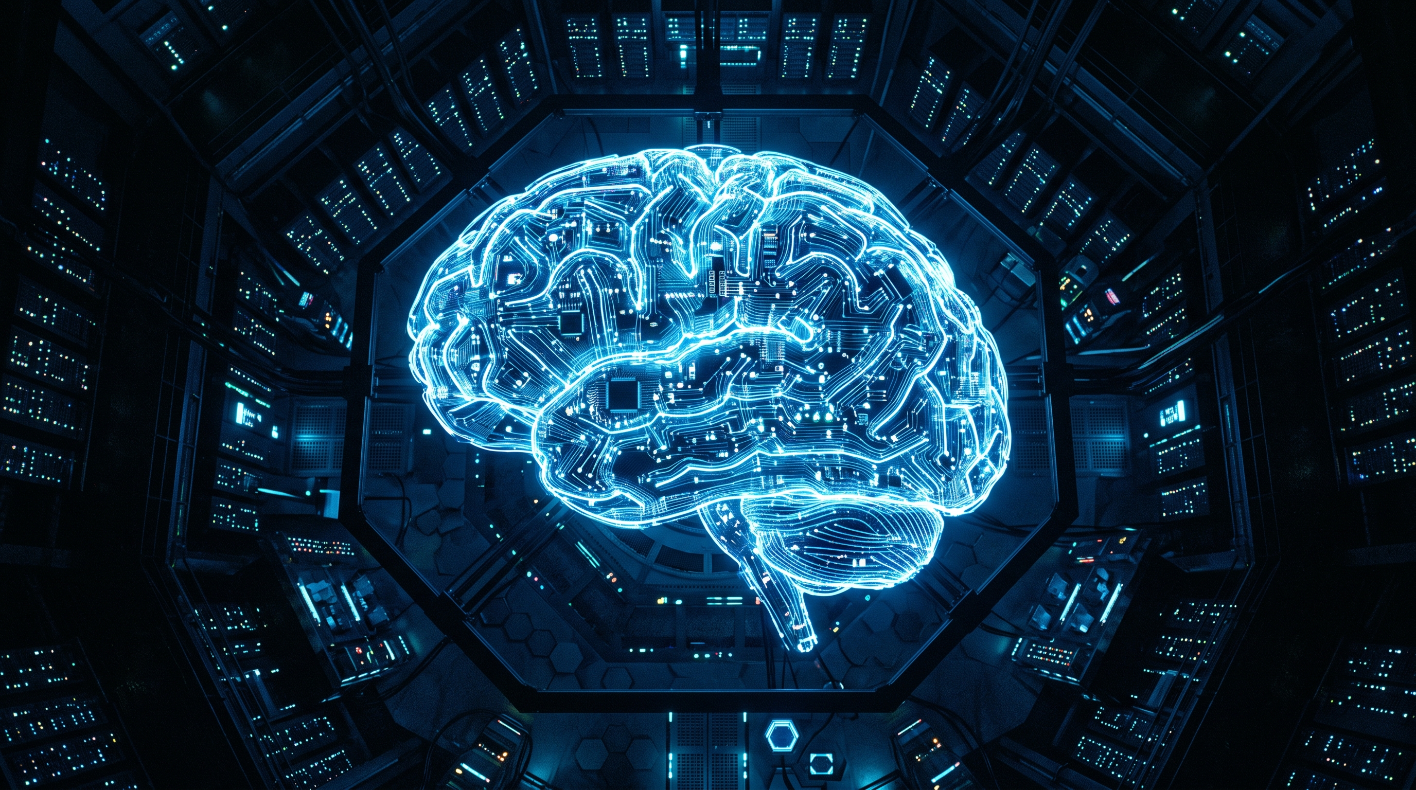 Cinematic film still of glowing AI brain made of circuits, high-angle view from above, cool blue tones, quiet atmosphere, 16:9 aspect ratio