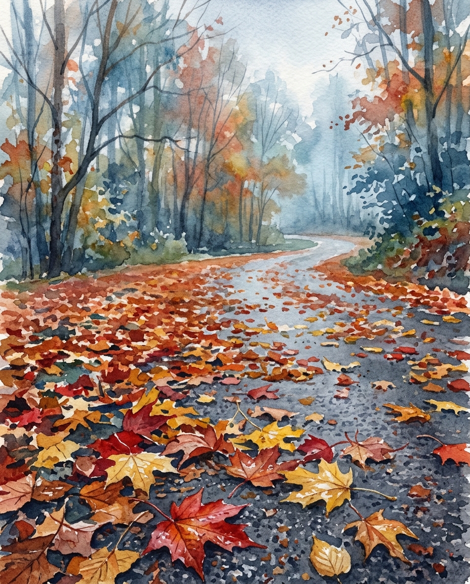 Watercolor illustration of a road covered with red and yellow autumn leaves, close-up detail with shallow depth of field, cool blue tones, quiet atmosphere, 4:5 aspect ratio