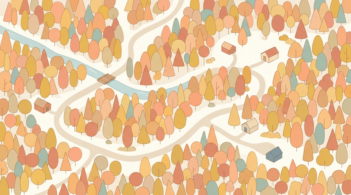 Minimal flat illustration of golden autumn forest in soft light, high-angle view from above, soft pastel colors, bright and cozy, 16:9 aspect ratio