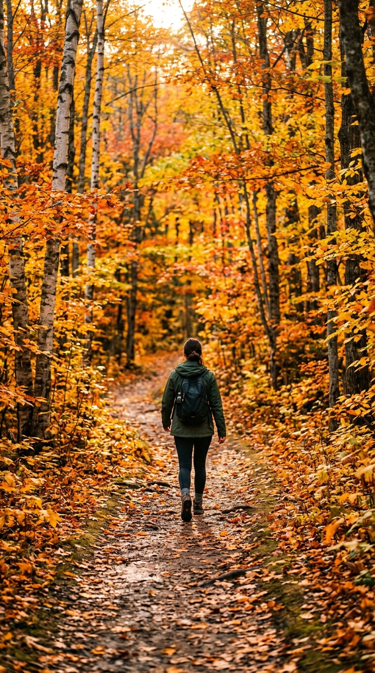 Cinematic film still of golden autumn forest in soft light, centered subject with a simple uncluttered composition, vivid colors, high contrast, energetic, 9:16 aspect ratio
