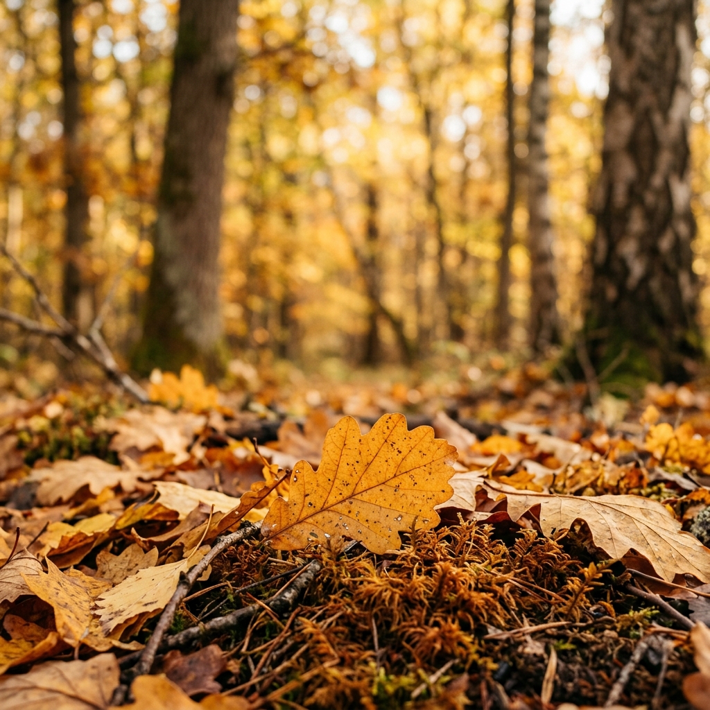Photorealistic photo of golden autumn forest in soft light, close-up detail with shallow depth of field, warm golden light, calm mood, 1:1 aspect ratio