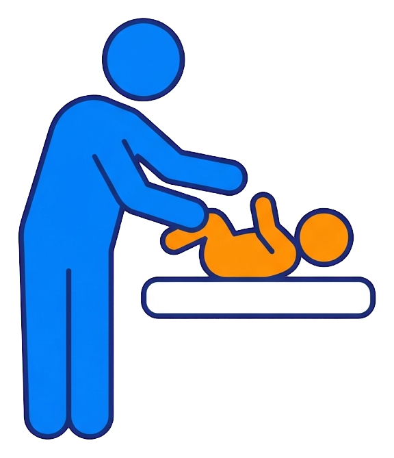Flat color pictogram, friendly bright colors of a baby changing room pictogram with a parent and a baby, transparent background PNG