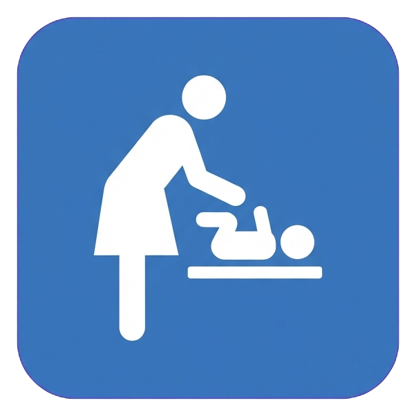 Pictogram sign, white figure on a solid blue rounded square of a baby changing room pictogram with a parent and a baby, transparent background PNG
