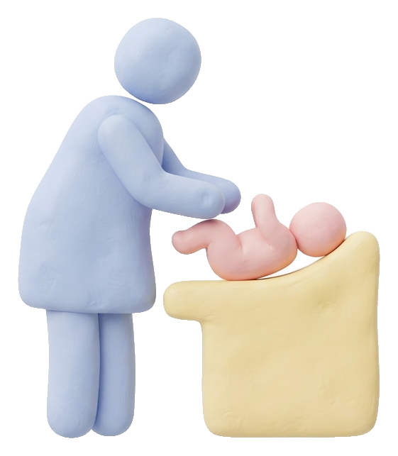 Soft 3D pictogram, pastel clay render of a baby changing room pictogram with a parent and a baby, transparent background PNG