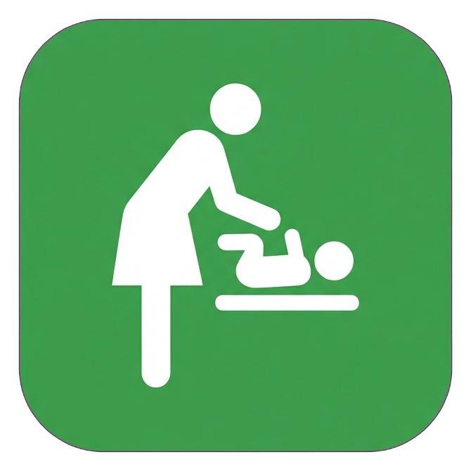 Pictogram sign, white figure on a solid green rounded square of a baby changing room pictogram with a parent and a baby, transparent background PNG