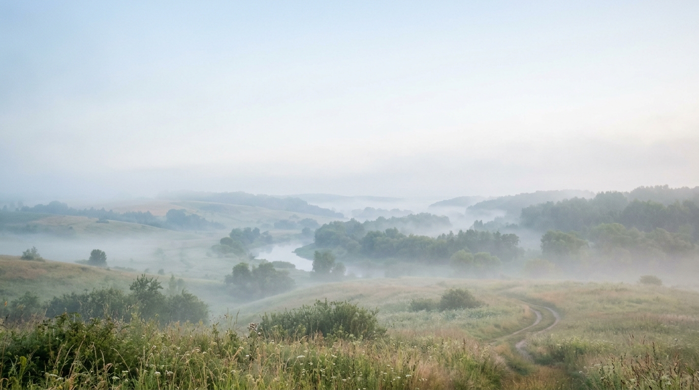 Photorealistic photo of soft abstract background, wide shot with open space at the top for text, misty morning haze, dreamy, 16:9 aspect ratio
