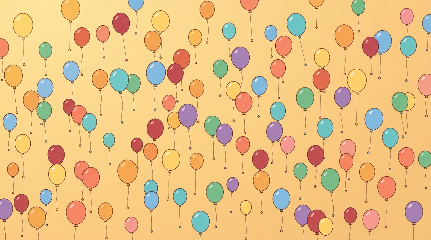 Minimal flat illustration of colorful balloons, high-angle view from above, warm golden light, calm mood, 16:9 aspect ratio