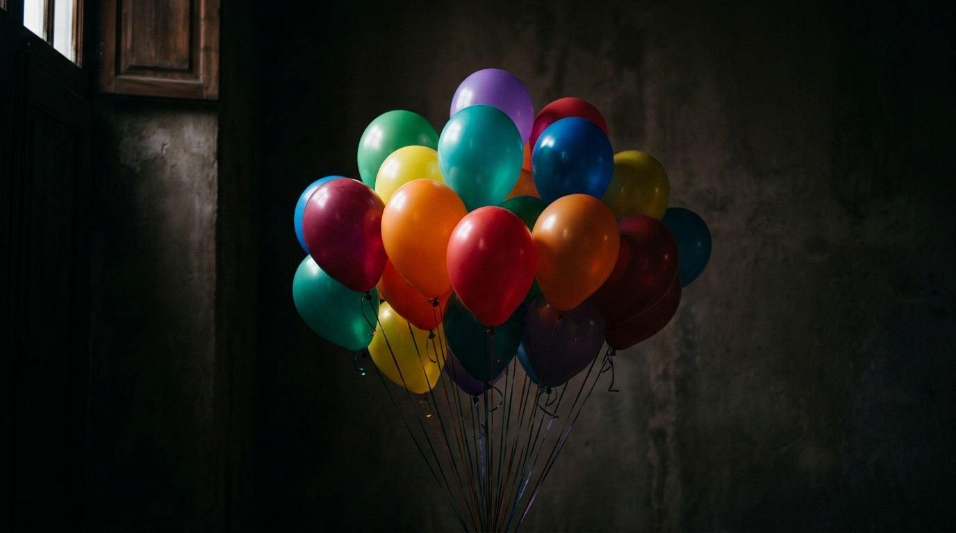 Photorealistic photo of colorful balloons, centered subject with a simple uncluttered composition, moody dark tones, dramatic lighting, 16:9 aspect ratio