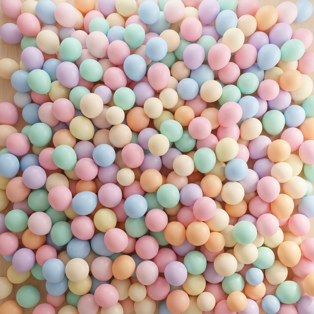 Soft 3d render of colorful balloons, high-angle view from above, soft pastel colors, bright and cozy, 1:1 aspect ratio