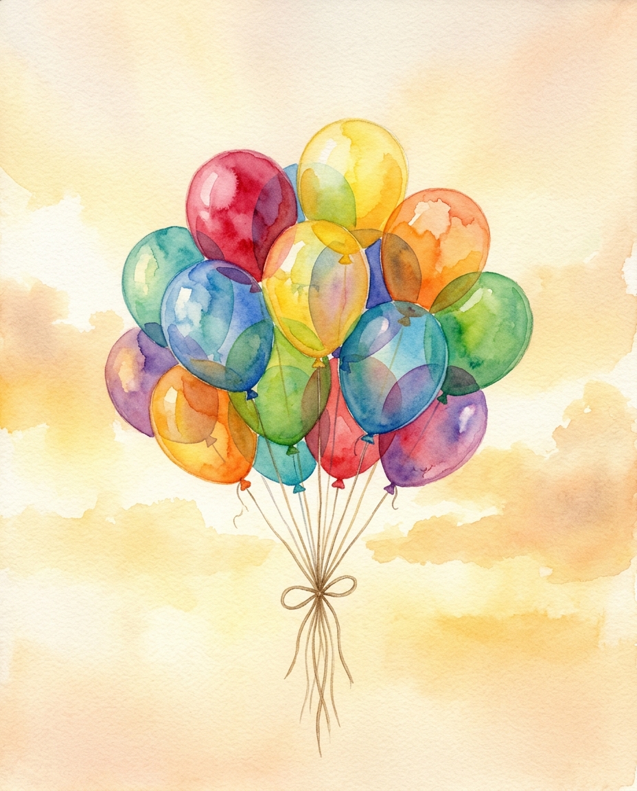 Watercolor illustration of colorful balloons, centered subject with a simple uncluttered composition, warm golden light, calm mood, 4:5 aspect ratio