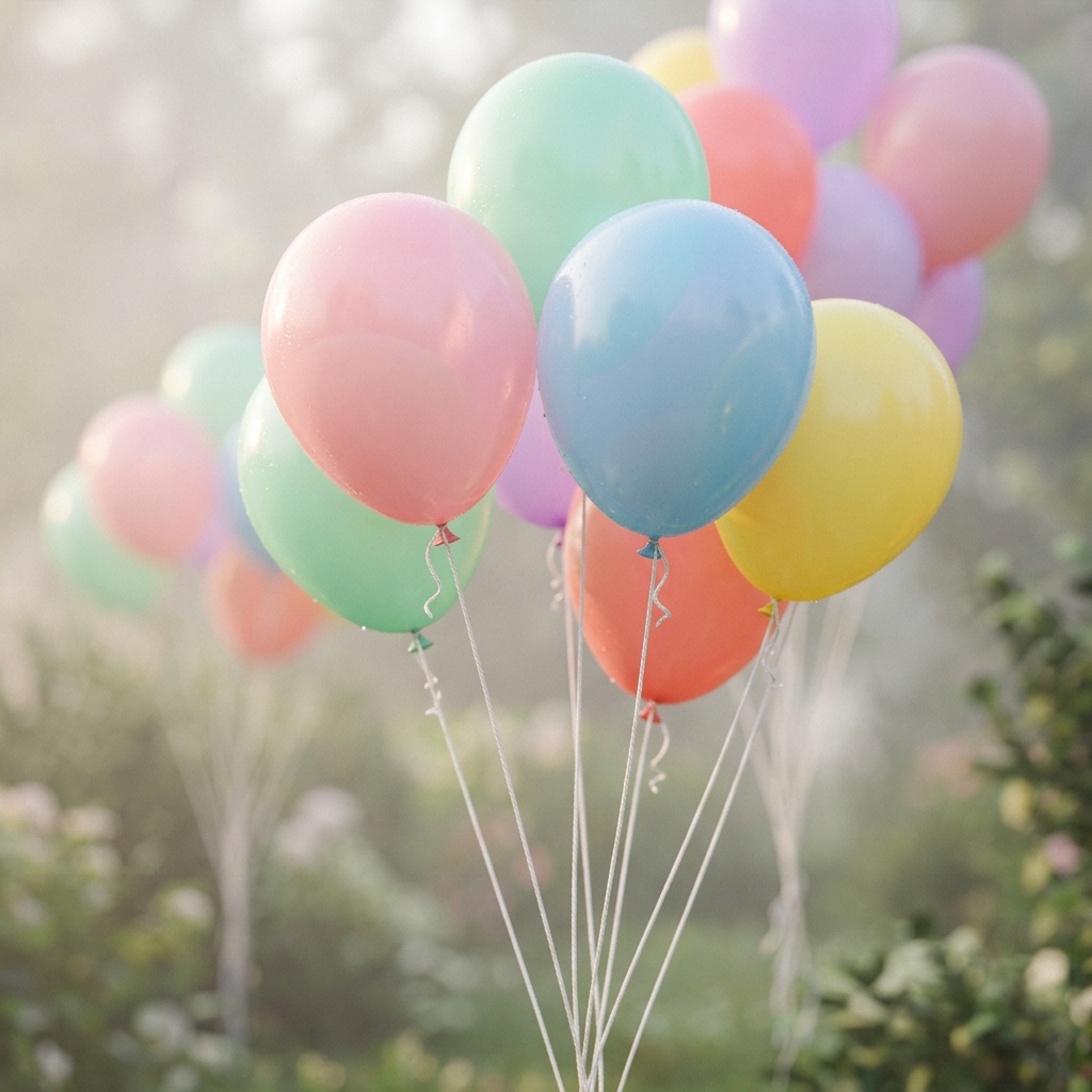 Soft 3d render of colorful balloons, close-up detail with shallow depth of field, misty morning haze, dreamy, 1:1 aspect ratio