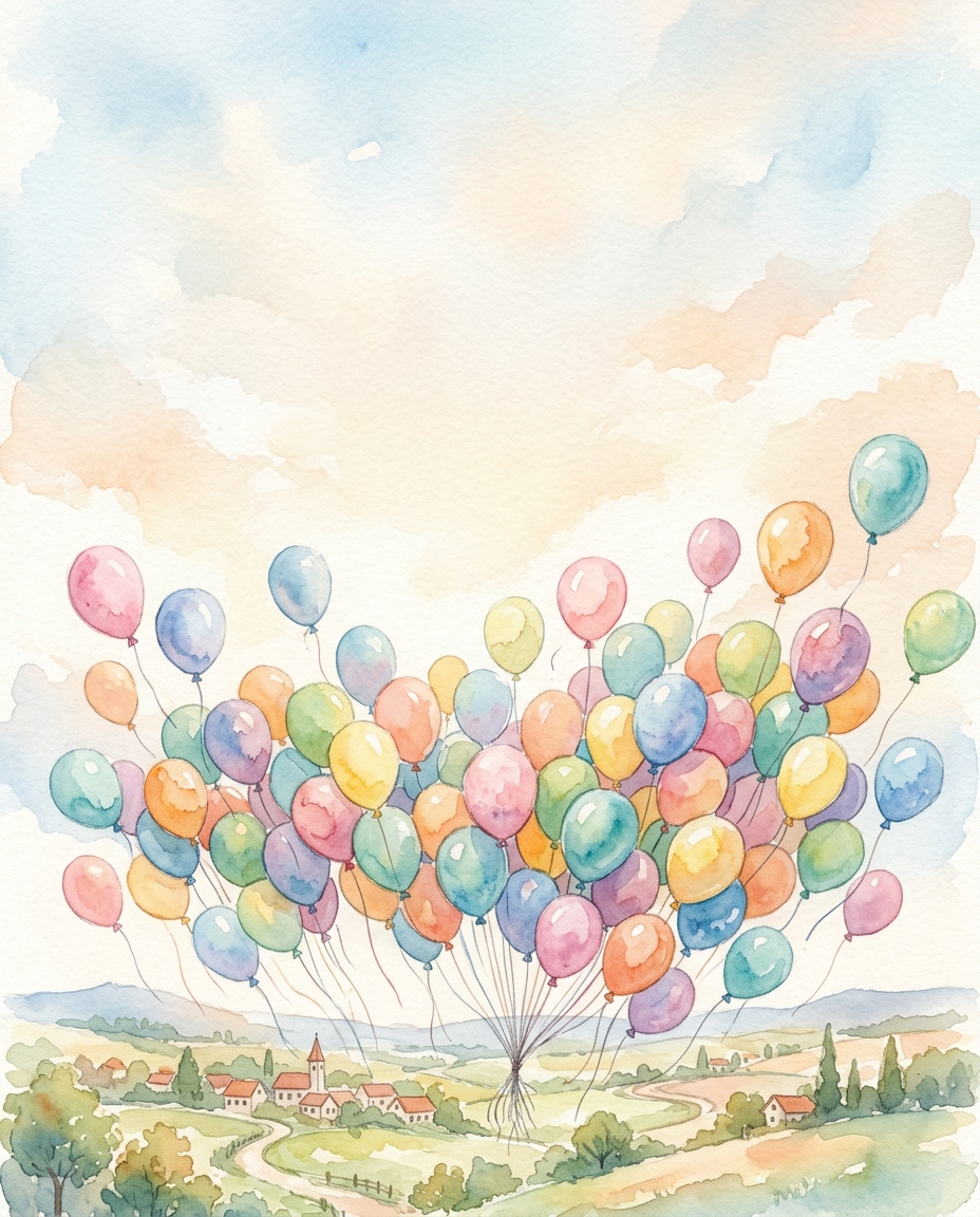Watercolor illustration of colorful balloons, wide shot with open space at the top for text, soft pastel colors, bright and cozy, 4:5 aspect ratio