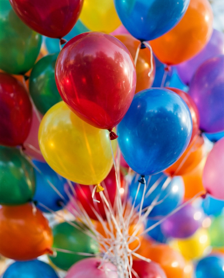 Cinematic film still of colorful balloons, close-up detail with shallow depth of field, vivid colors, high contrast, energetic, 4:5 aspect ratio