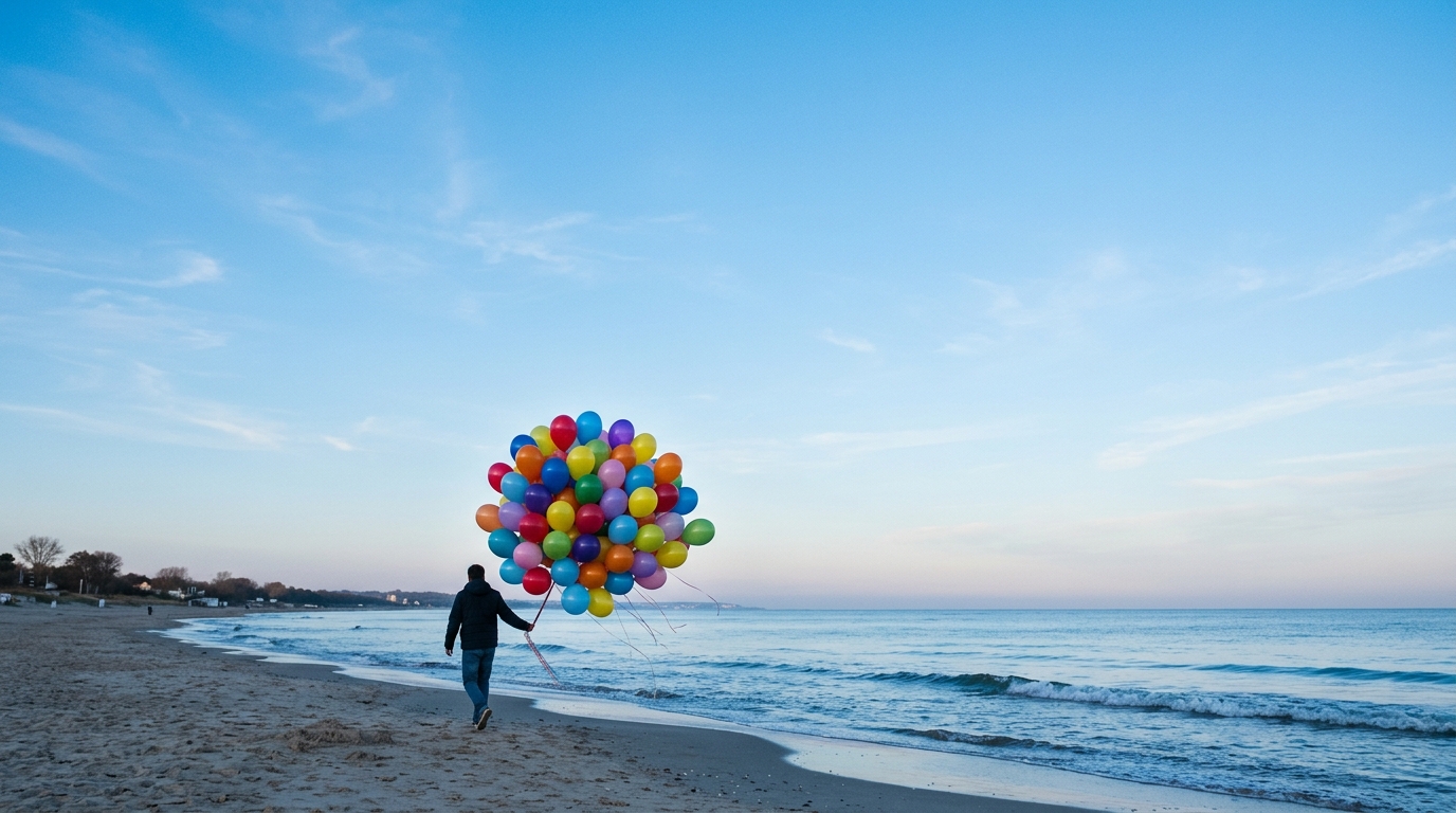 Photorealistic photo of colorful balloons, wide shot with open space at the top for text, cool blue tones, quiet atmosphere, 16:9 aspect ratio