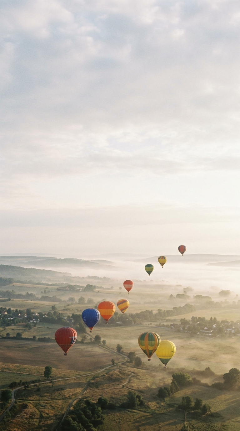 Cinematic film still of colorful balloons, wide shot with open space at the top for text, misty morning haze, dreamy, 9:16 aspect ratio