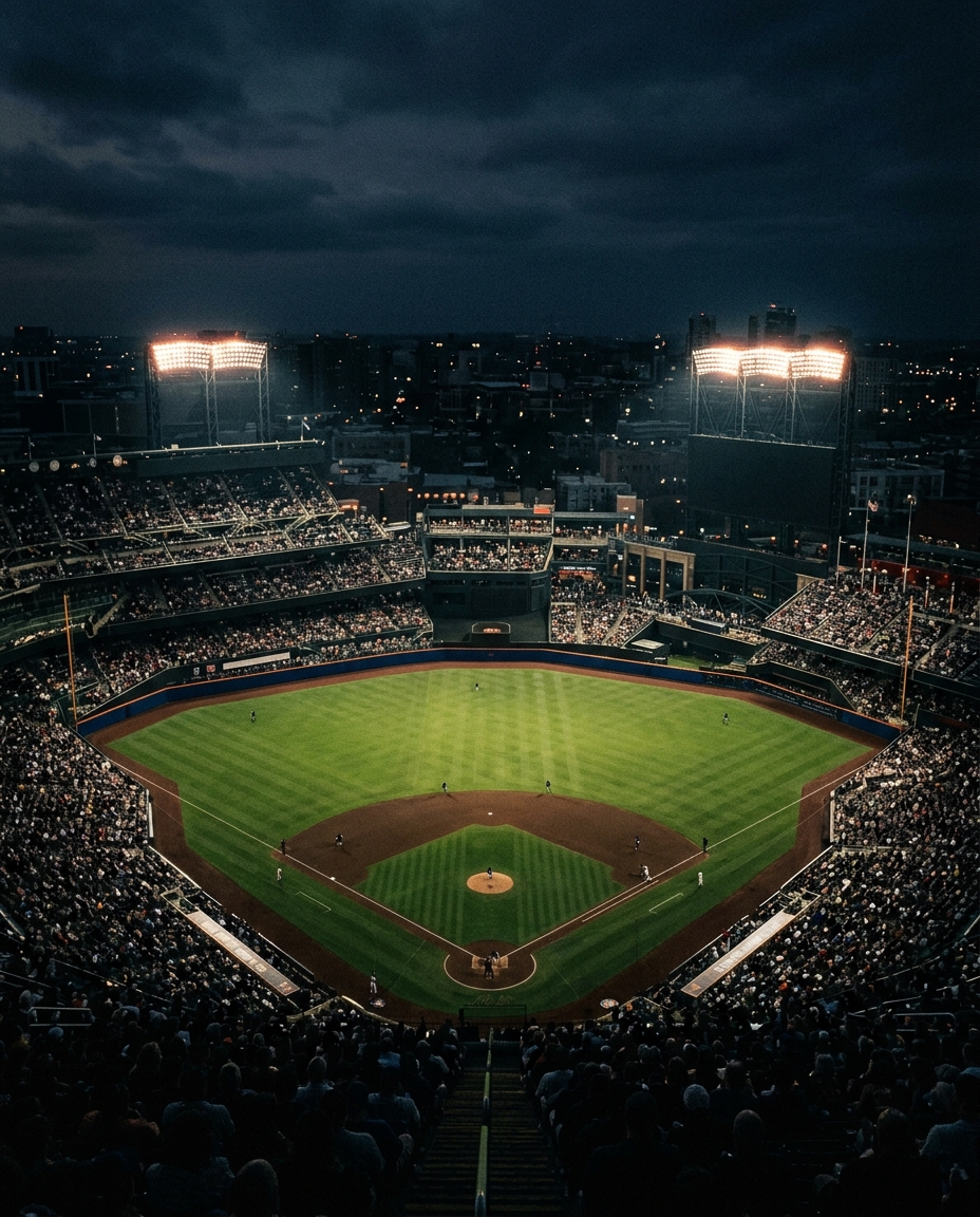 Cinematic film still of a baseball stadium at night, high-angle view from above, moody dark tones, dramatic lighting, 4:5 aspect ratio