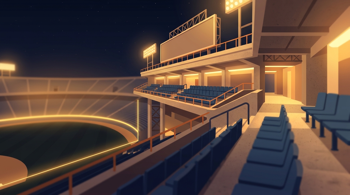 Minimal flat illustration of a baseball stadium at night, close-up detail with shallow depth of field, warm golden light, calm mood, 16:9 aspect ratio