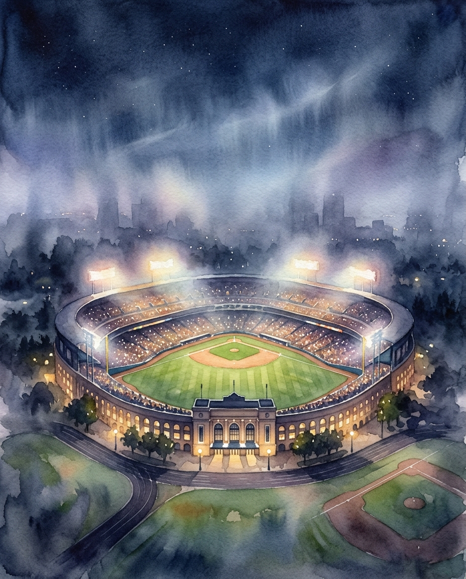 Watercolor illustration of a baseball stadium at night, centered subject with a simple uncluttered composition, misty morning haze, dreamy, 4:5 aspect ratio