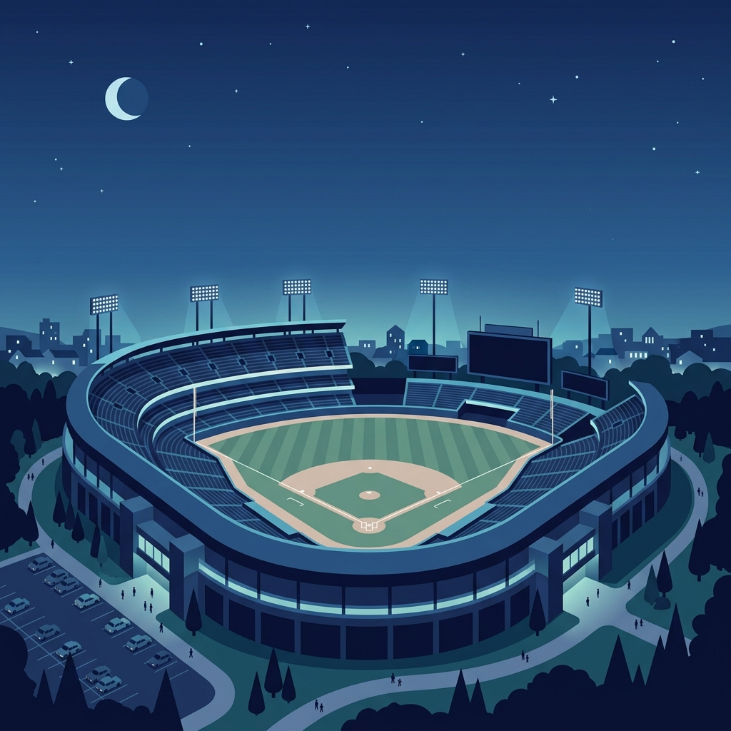 Minimal flat illustration of a baseball stadium at night, wide shot with open space at the top for text, cool blue tones, quiet atmosphere, 1:1 aspect ratio