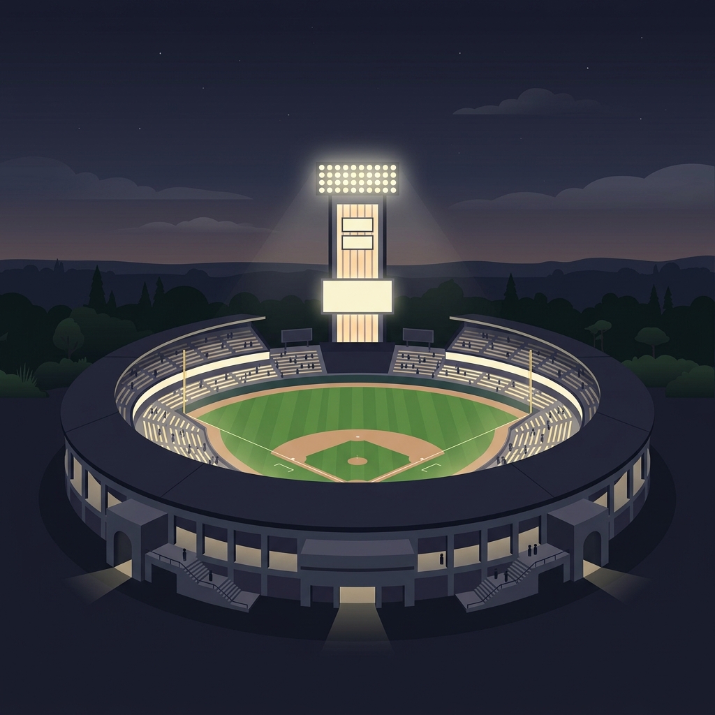Minimal flat illustration of a baseball stadium at night, centered subject with a simple uncluttered composition, moody dark tones, dramatic lighting, 1:1 aspect ratio