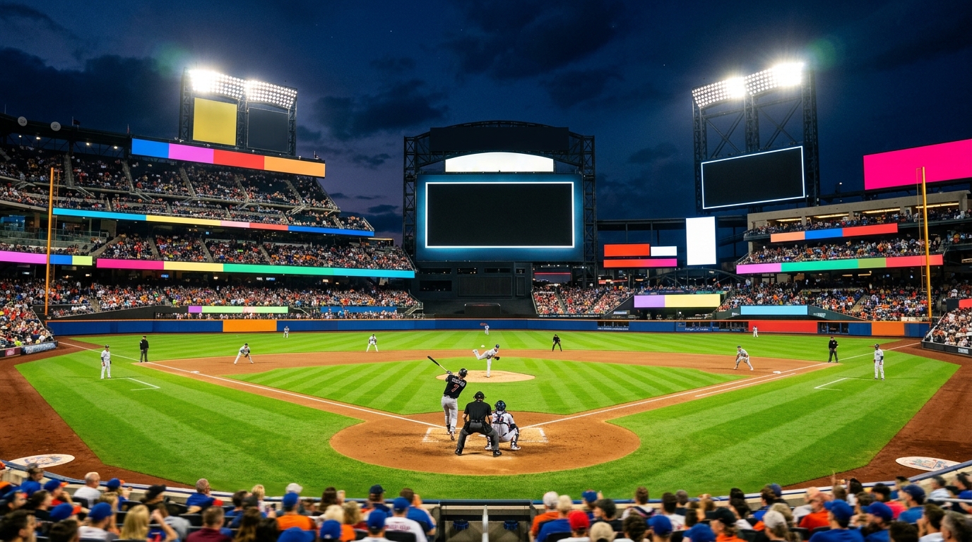 Photorealistic photo of a baseball stadium at night, centered subject with a simple uncluttered composition, vivid colors, high contrast, energetic, 16:9 aspect ratio