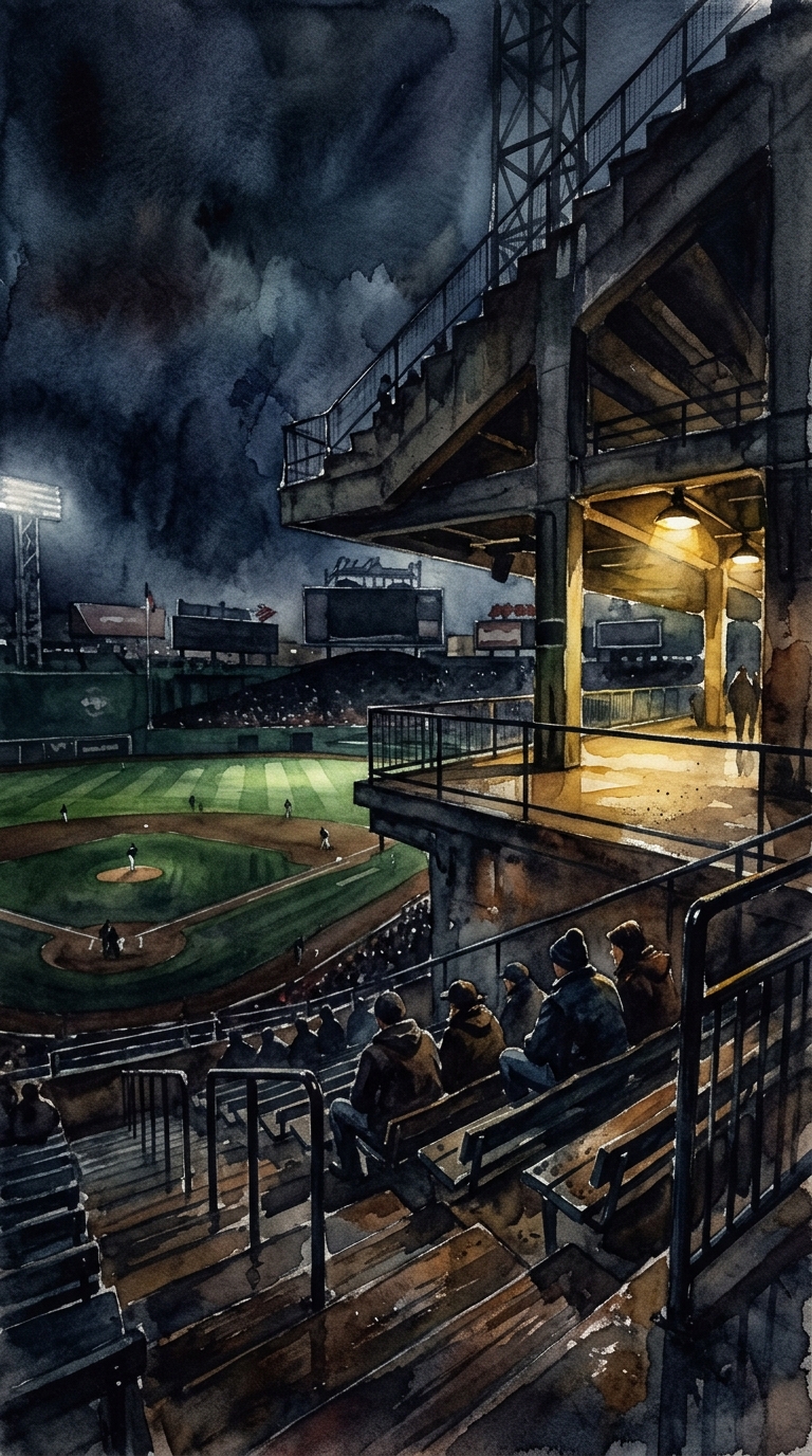 Watercolor illustration of a baseball stadium at night, close-up detail with shallow depth of field, moody dark tones, dramatic lighting, 9:16 aspect ratio