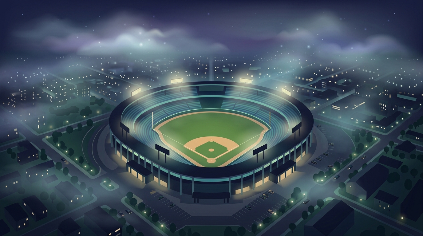 Minimal flat illustration of a baseball stadium at night, high-angle view from above, misty morning haze, dreamy, 16:9 aspect ratio