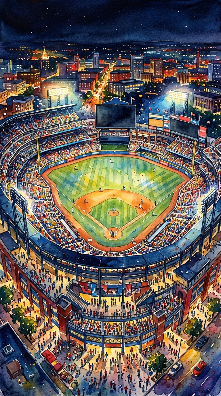 Watercolor illustration of a baseball stadium at night, high-angle view from above, vivid colors, high contrast, energetic, 9:16 aspect ratio