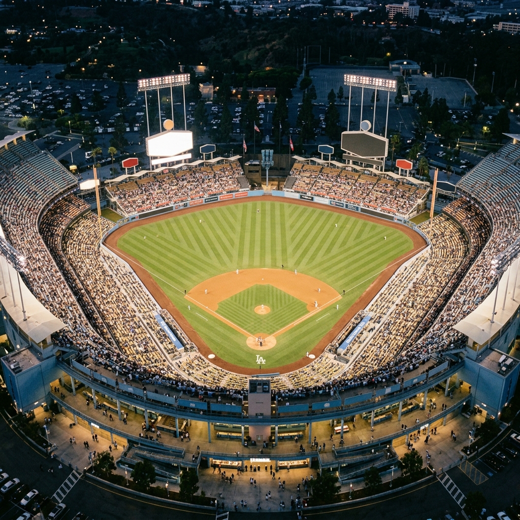 Photorealistic photo of a baseball stadium at night, high-angle view from above, soft pastel colors, bright and cozy, 1:1 aspect ratio